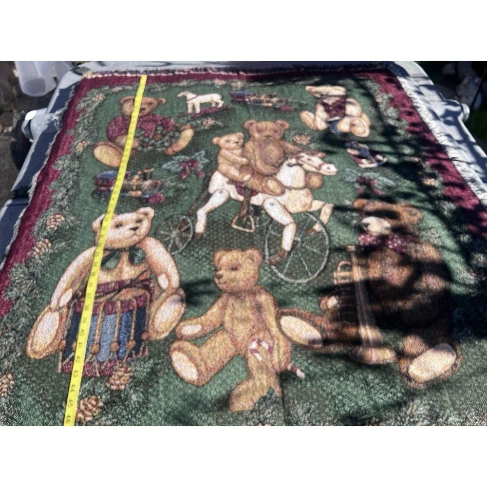 Vintage 1990s Woven Teddy Bear Throw Blanket Jacquard Fringe 52x57 Cottage Core